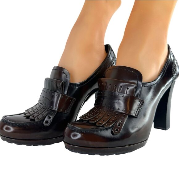 Vintage PRADA Loafer Pumps High Heel SZ US 6.5 EU 37 Dark Brown Patent Leather - Picture 1 of 15